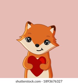 Cute cartoon fox holding heart. Be my Valentine greeting card. Vector illustration.