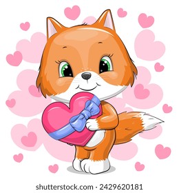 Cute cartoon fox holding a heart with blue ribbon. Vector illustration of an animal on a white background with many pink hearts.