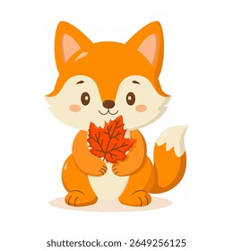 Raposa de desenho animado bonito segurando uma folha de outono vermelha. Adorável ilustração animal da floresta perfeito para produtos infantis, cartões de saudação, adesivos e desenhos sazonais.