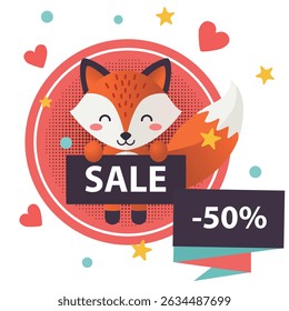 "Cute cartoon fox holding a 'SALE -50%' sign. Flat vector illustration with hearts and stars on a white background, perfect for promotions, discounts, and e-commerce banners."