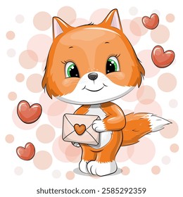 A cute cartoon fox holds a love letter. Vector illustration of an animal on the red and white background with hearts.