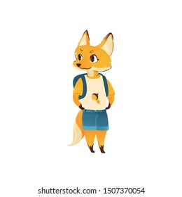 Cute cartoon fox in human clothes and back-to-school backpack standing and smiling isolated on white background, colorful hand drawn vector illustration of humanised wild animal