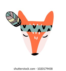 Cute Cartoon Fox with Indian Feather Headpiece Vector Illustration