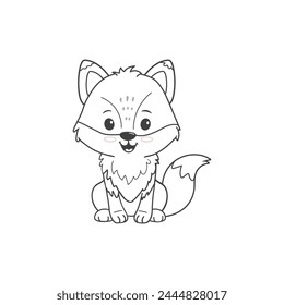 Cute cartoon fox isolated on white. Cartoon character, fox cub.  Coloring page. Vector illustration