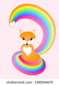 Cute cartoon fox in kawaii style vector illustration. Childish avatar picture. Sitting kawaii fox with orange fur, long rainbow tail and cute face. Cartoon forest animal isolated illustration