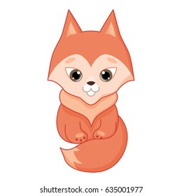 Cute cartoon fox in kawaii style. Isolated on white background.