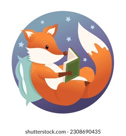 A cute cartoon fox lies on a pillow and reads a book. Icon illustration in flat style.