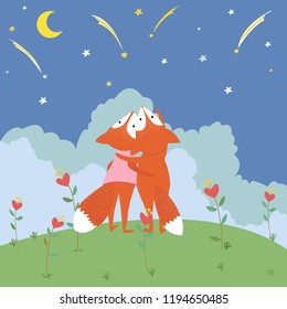 cute cartoon fox lover watching a falling star, wolf couple on the small hill with heart flower,illustration vector by doodle comic art for any card.