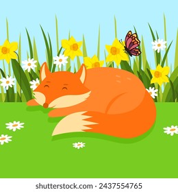 Cute cartoon fox lying on the grass with flowers. Vector illustration.