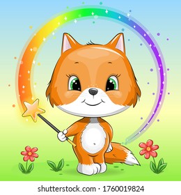 Cute cartoon fox with a magic wand. Vector illustration of an animal on a colorful background