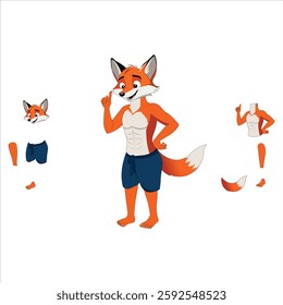 A Cute cartoon fox man standing smile on white background. Side view. Ready for moral fox animation story. Part by part ready for animate cc.