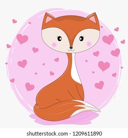Cute cartoon fox in modern simple flat style isolated on a pink circle with hearts. Kids graphics for t-shirts. Greeting card. Vector illustration.