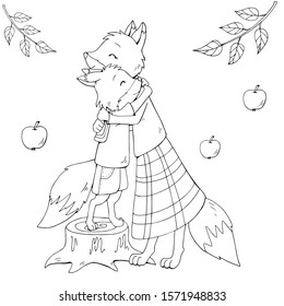 Cute cartoon fox mother and baby. Vector illustration. White and black vector illustration for coloring book. Isolated objects on white background.