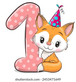 Cute Cartoon Fox and number one isolated on a white background