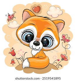 Cute Cartoon fox on a meadow with flowers and butterflies