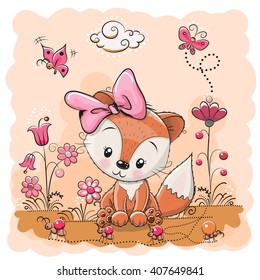 Cute Cartoon Fox on a meadow with flowers and butterflies