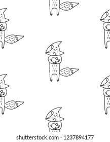 Cute cartoon fox pattern with hand drawn fox. Sweet vector black and white fox pattern. Seamless monochrome doodle fox pattern for textile, wallpapers, wrapping paper, cards and web.