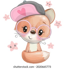 Cute Cartoon Fox with a pink cap and glasses