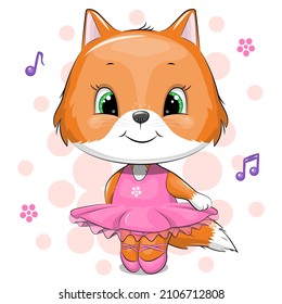 Cute cartoon fox in a pink dress and pointe shoes. Vector illustration of an animal on a pink background.