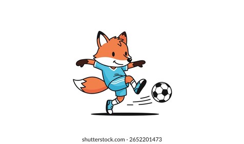 Cute cartoon fox playing soccer in a light blue jersey with white shorts and socks kicking a soccer ball