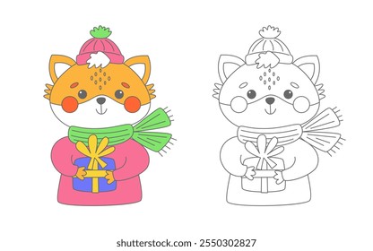 Cute cartoon fox with present coloring page vector illustration, Christmas and Winter coloring page for kids. 