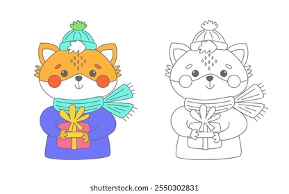 Cute cartoon fox with present coloring page vector illustration, Christmas and Winter coloring page for kids. 