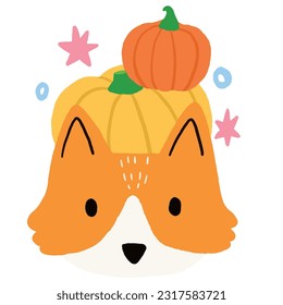 Cute cartoon fox and pumpkin Halloween doodle element.