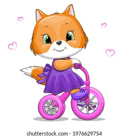 A cute cartoon fox in a purple dress rides a bicycle. Vector illustration with an animal on a white background with hearts.