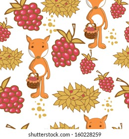 Cute cartoon fox with raspberries