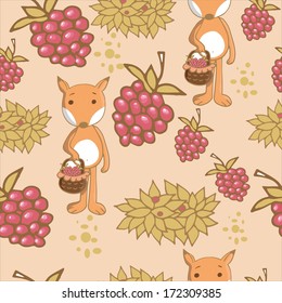 Cute cartoon fox with raspberries