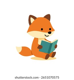 Cute cartoon fox reading a book