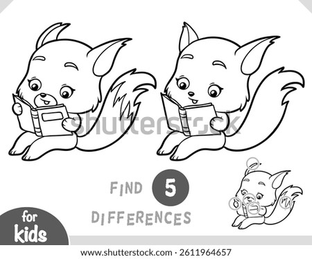 Cute cartoon Fox reading a book. Find differences, education black and white game for children
