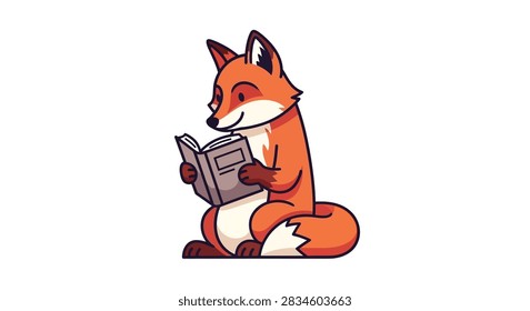 A cute cartoon fox is reading a small book in the forest
