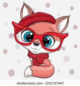 Cute Cartoon Fox in red beret with red glasses on a dots background