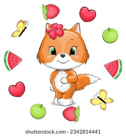 Cute cartoon fox with red flower in fruit frame. Summer animal vector illustration with hearts, apples, watermelons, strawberries, butterflies on white background.