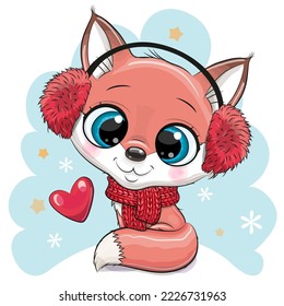 Cute Cartoon Fox in red fur headphones on a blue background