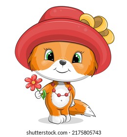 Un lindo zorro de dibujos animados con un sombrero rojo sostiene una flor. Ilustración vectorial de un animal sobre un fondo blanco.