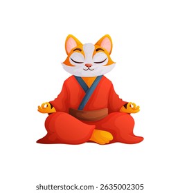 Cute cartoon fox in red kimono meditating in lotus position. The illustration represents mindfulness, relaxation, and finding inner peace. Funny mascot.