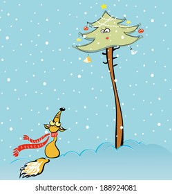 Cute cartoon fox with a red scarf tempted by the Christmas decoration. Separate layers for Christmas tree and background.