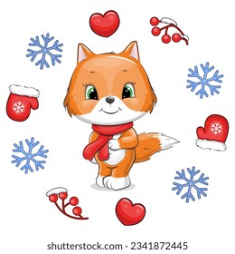 Cute cartoon fox with a red scarf in a winter frame. Vector illustration of an animal with hearts, mittens, berries, snowflakes on a white background.