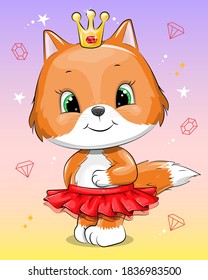 Cute cartoon fox in the red scirt with crown. Vector illustration of animal.