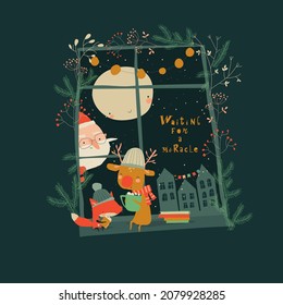 Cute Cartoon Fox and Reindeer celebrating Winter Holiday