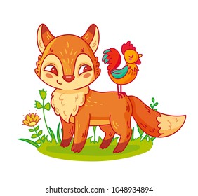 Cute cartoon fox and rooster. Vector illustration of adorable forest animal for children.