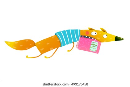 Cute cartoon fox running with fairy tales book. Cute cartoon fox running with tales book in mouth. Wildlife brightly colored cartoon. Vector illustration isolated on white background.