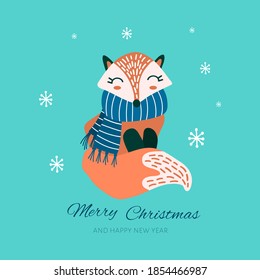 Cute cartoon fox in scarf with snowflakes. Christmas greeting card. Vector illustration.