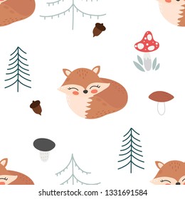 Cute cartoon fox seamless pattern. Fox, trees, acorns and toadstool vector illustration.