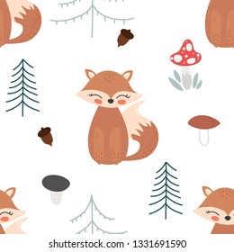 Cute cartoon fox seamless pattern. Fox, trees, acorns and toadstool vector illustration.