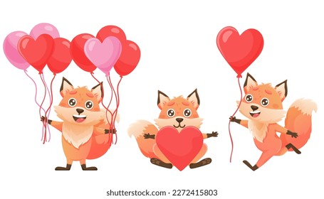 Cute cartoon fox set with hearts. St Valentines set with foxes. Heart postcard, balloon.