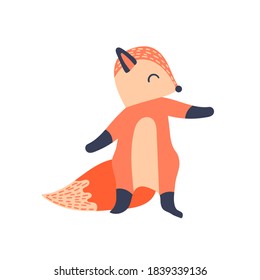 Cute cartoon fox in simple naive style. Funny woodland character standing on its hind legs. Vector illustration.