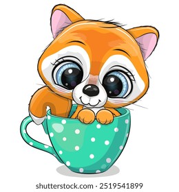 Cute Cartoon Fox is sitting in a Cup of coffee